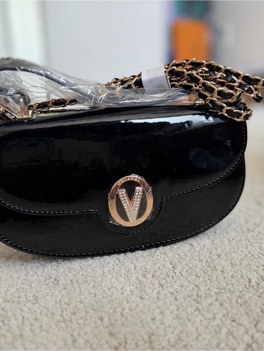 Black Patent Shoulder Bag / Crossbody with Gold Chain and Logo Accent